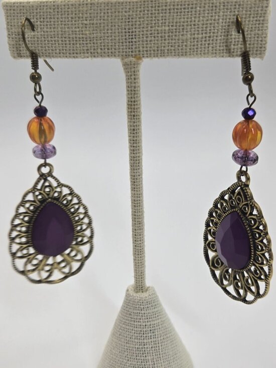 Handmade Jewelry - Purple Dangle Earrings Handmade With Bronze Tone Accent & Orange Beads Item E38